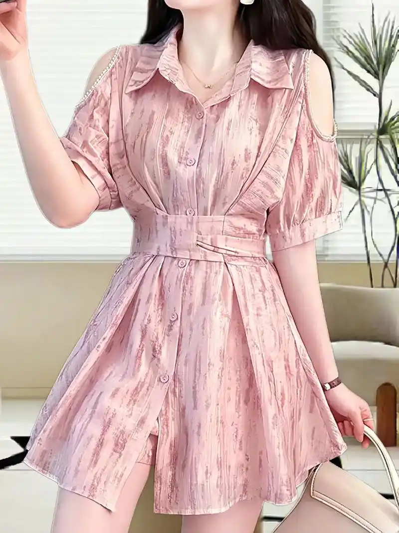 印花收腰显瘦衬衫女两件套