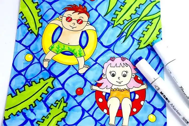 儿童画教程《清凉的夏天去游泳》水彩笔画