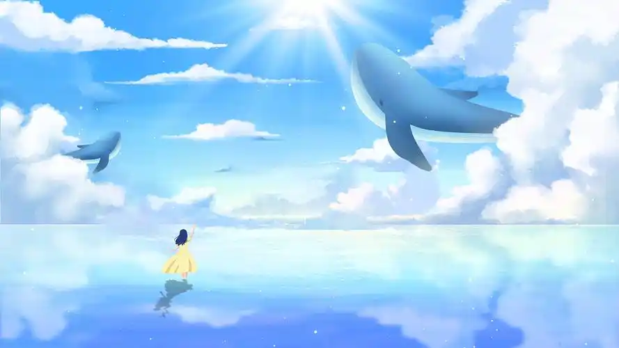 蓝鲸云朵云层蓝天蓝天插画小清新插画4k鲸鱼视频素材4k梦幻唯美鲸鱼