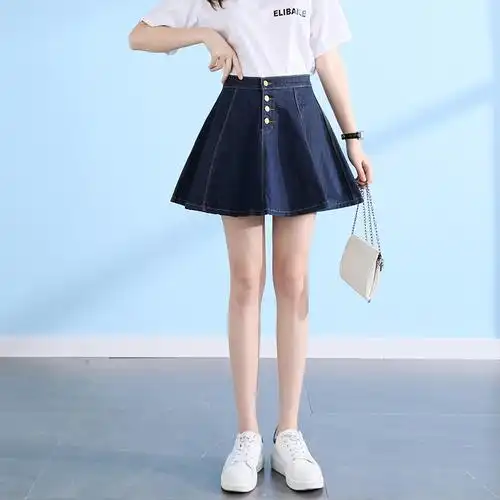 短裙荷叶边前开叉牛仔连衣裙相似欧美风2022新款蓝色条纹牛仔百褶裙