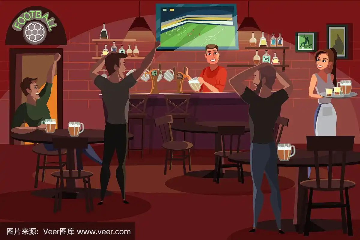 人们喝啤酒在酒吧平面插图