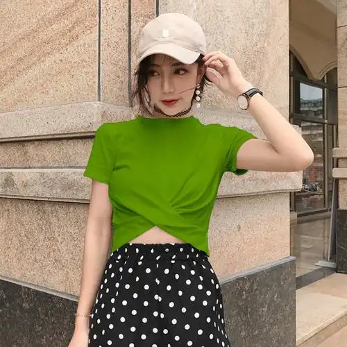 牛油果绿短袖t恤女夏紧身露脐高腰爵士舞泫雅风抹茶绿色短款上衣