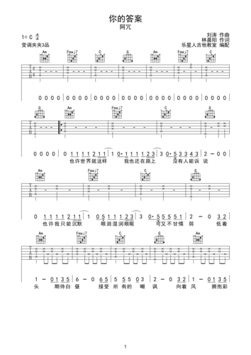 你的答案-阿冗初级精华版c调六线吉他谱-虫虫吉他谱免费下载