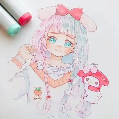 马克笔手绘无敌可爱元气少女头像_插画_教程_笔画