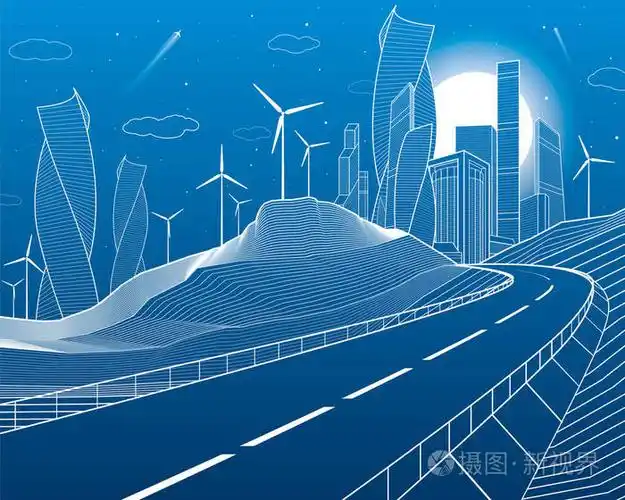 塔和摩天大楼,现代化的城市,商业建筑.夜景.在蓝色背景上的白色线条.