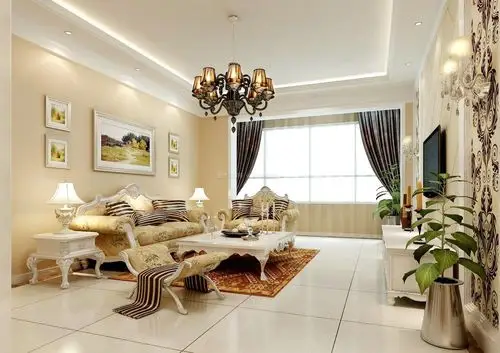 简欧别墅客厅米白色地砖装修图_装信通网效果图