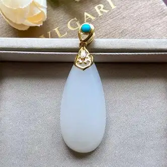 天地鱼和田玉白玉吊坠18k金镶嵌青海羊脂水滴款式大气简约优雅送女友