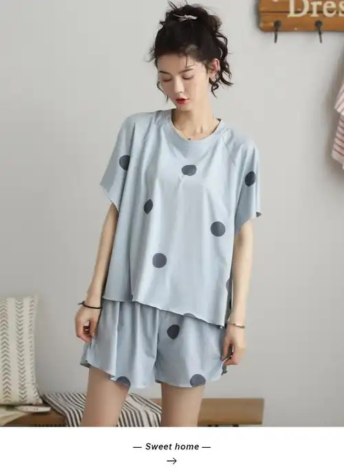 睡衣女装夏季纯棉薄款宽松短袖短裤夏天波点蝙蝠袖家居服两件套装