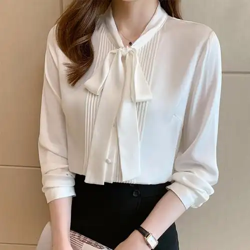 白色真丝衬衫女秋装新款女装气质飘带蝴蝶结长袖上衣职业雪纺衬衣