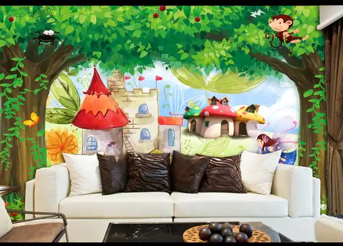 3d森林唯美风景卡通儿童房背景墙
