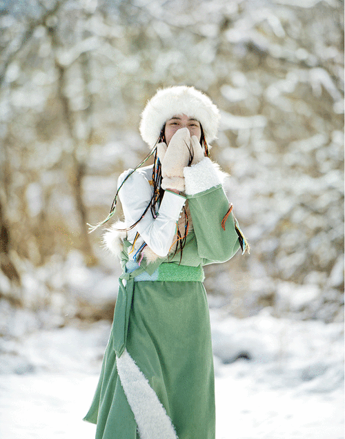 藏族服装女全套藏袍写真绿色毛领西藏民族风服饰春季藏裙长袍 绿色