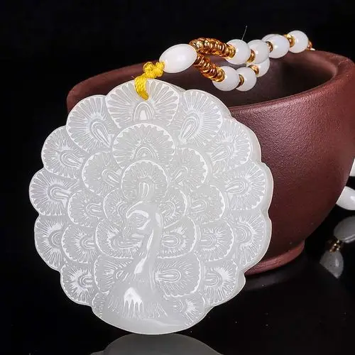 新疆和田玉碧玉满堂彩孔雀玉佩挂件白玉孔雀开屏吊坠玉凤凰毛衣链