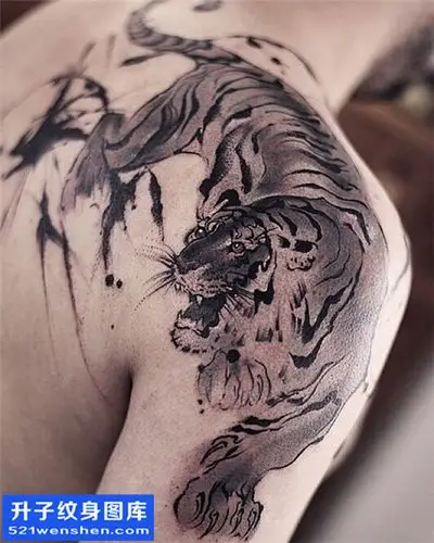 男性肩膀水墨老虎纹身图片大全