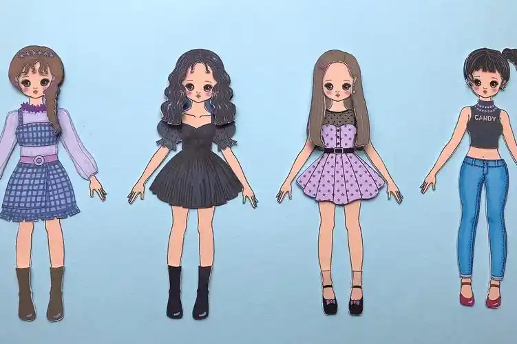 趣味手工换装贴纸玩具四位纸娃娃换上时尚服装参加表演