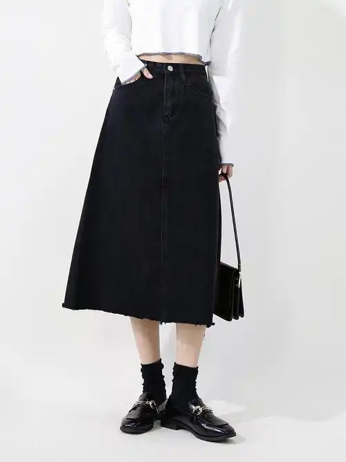 适合胯大腿粗半身裙遮肚子秋冬高腰中长款显瘦胖mm黑色a字牛仔裙