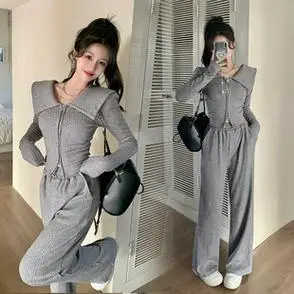 新款女装套装春季大码两件套时尚娃娃领外套上衣休闲阔腿裤