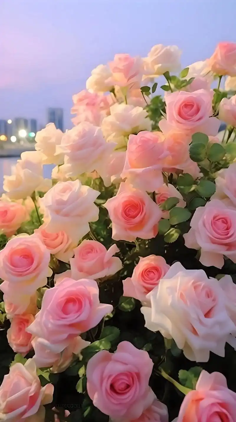 花园里盛开的粉色百变玫瑰花,在夕阳余晖的照耀下越发美了,玫瑰话苞