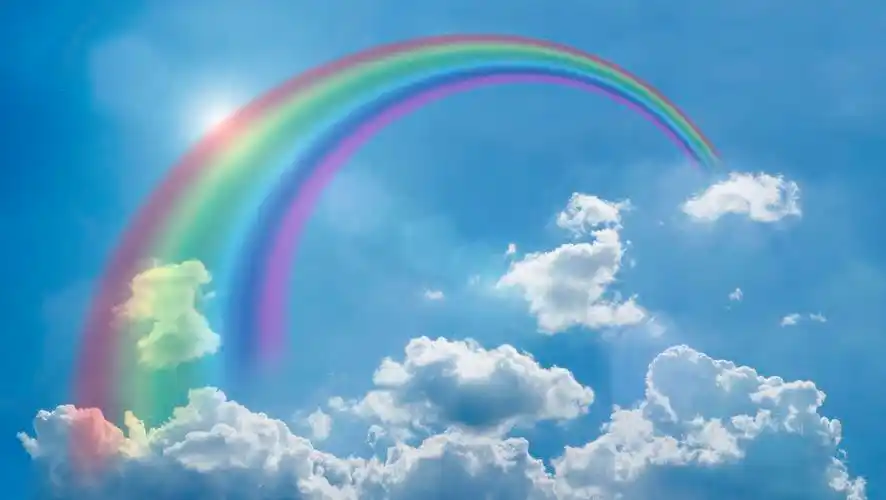 场61六一儿童节展板背景蓝色白云天空下的彩虹蓝色天空小清新草地彩虹