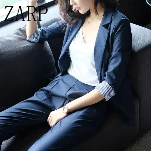 zarp欧美气质修身蓝色长裤西装套装女春季两件套2017新款时尚显瘦百搭