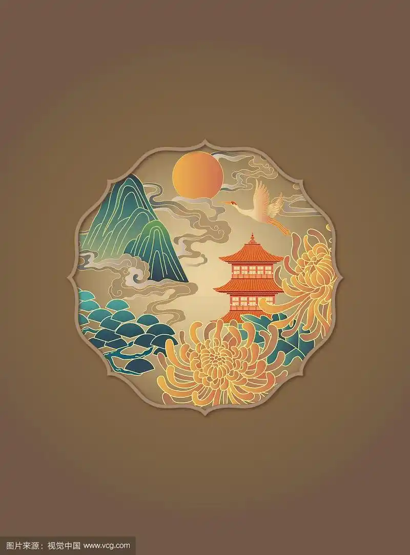 颜色复古的中国风山水插画在艺术框内