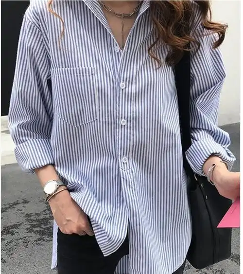 设计感小众chic风衬衣韩版别致长袖上衣宽松蓝白竖条纹衬衫