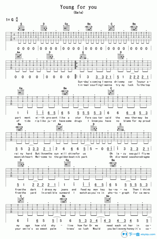 young for you吉他谱g调(六线谱)_gala 吉他谱