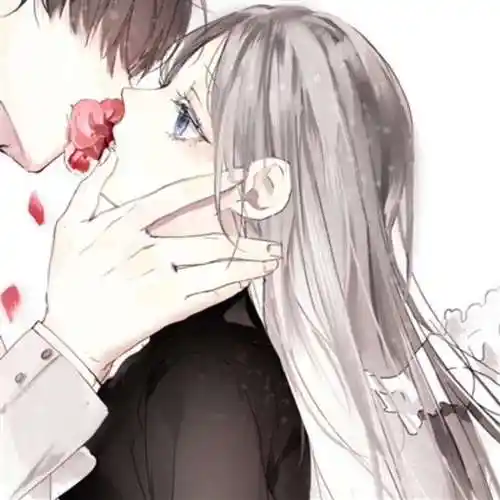 一对动漫情头男的隔着一朵红花吻一个女的