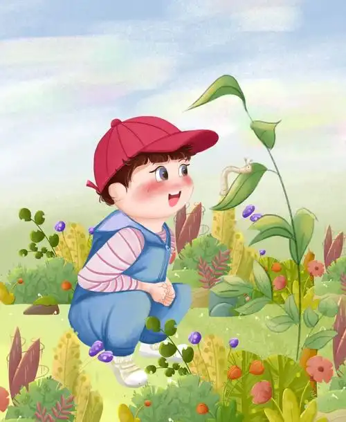 看毛毛虫的小男孩插画壁纸附线稿