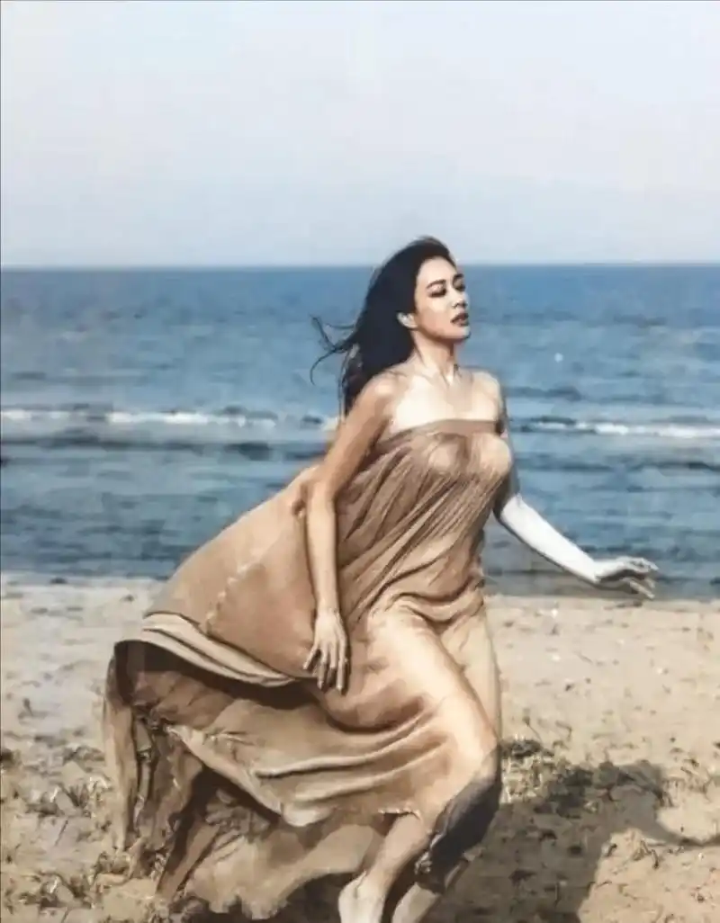 这张图是钟丽缇年轻时候在海边的性感写真,照片中钟丽缇披着一件纱裙