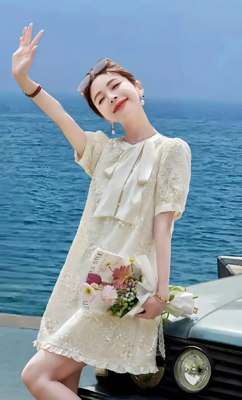 法式亮片气质连衣裙女2024夏季新款小个子复古名媛雪纺中长款裙子!