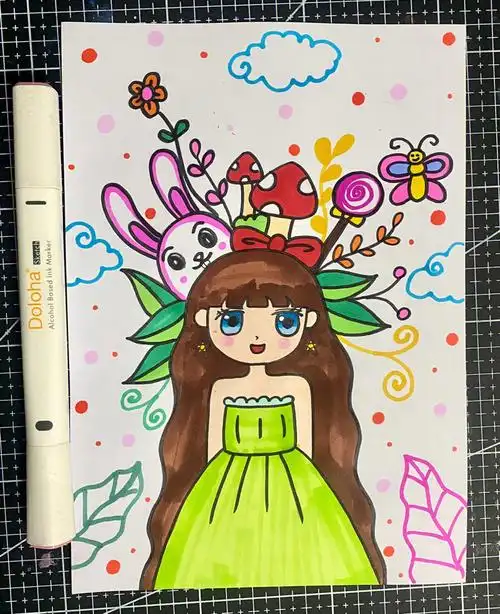 头顶上的风景儿童画可爱的小女孩