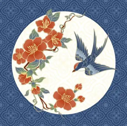 古风图案设计石榴花配小燕子的圆形图
