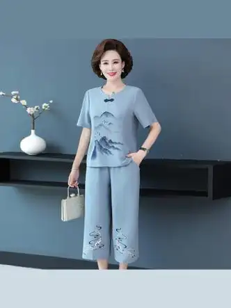 禾沁亚夏天女式妈妈夏装短袖套装中年半袖t恤中老年洋气减龄唐装上衣