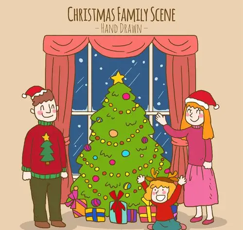 彩绘圣诞节客厅里的三口之家矢量图