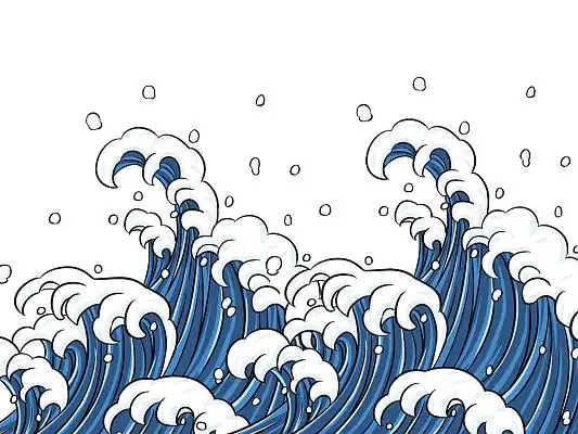 蓝色手绘卡通国潮海浪海水元素png素材