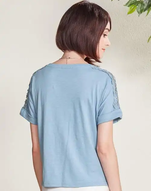 圆领蕾丝拼接短袖t恤天青色