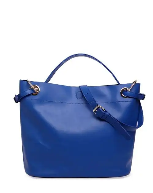 宝蓝色牛皮简约圆扣手提包