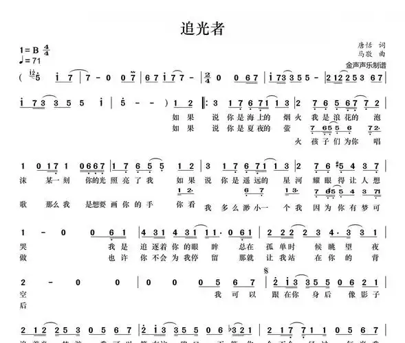 追光者简谱 岑宁儿-追光者b调