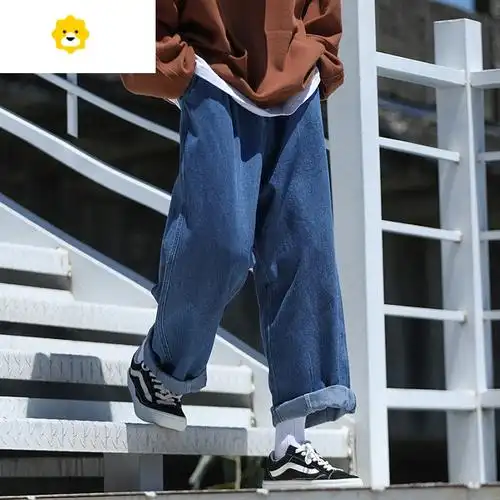 fish basketcityboy日系深蓝色阔腿牛仔裤男季新款宽松直筒裤子男生季