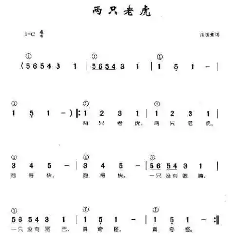 《两只老虎》数字简谱  歌曲:两只老虎 歌手:宝宝巴士 填词:various