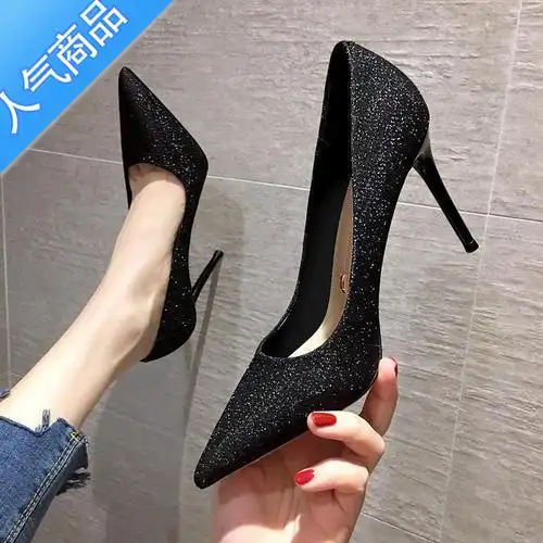 suntek床上高跟鞋性感黑色夜店职业少女细跟亮片法式少女调情伴娘鞋