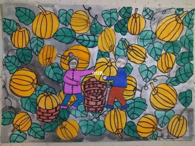 农民画丰收画丰收喜悦剪贴画摘南瓜