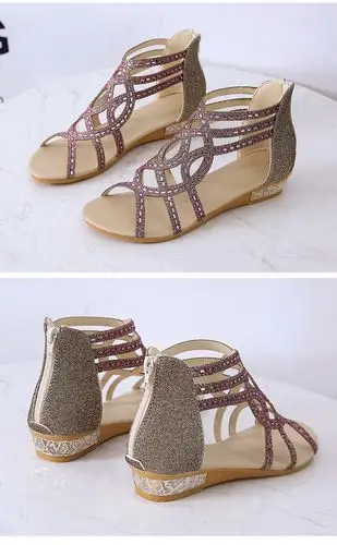 大码女凉鞋2020夏欧美水钻包跟露趾凉鞋后拉链镂空坡跟罗马鞋代发