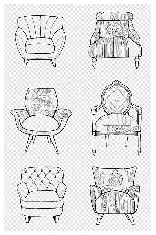 手绘沙发线稿卡通复古家具线描