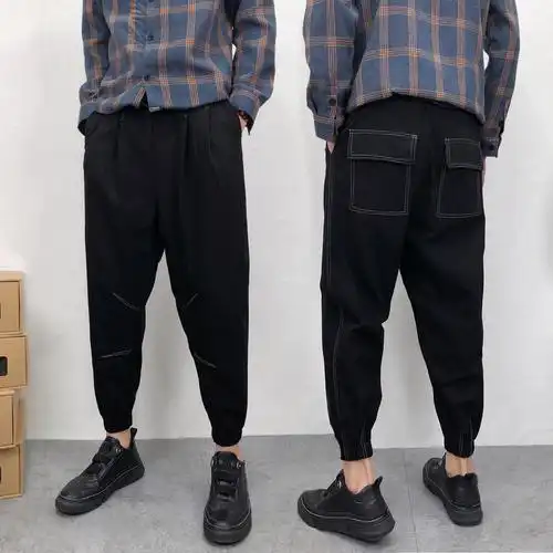 裤子男秋冬痞帅九分裤宽松版哈伦老爹裤潮流百搭黑色弹力束脚裤男