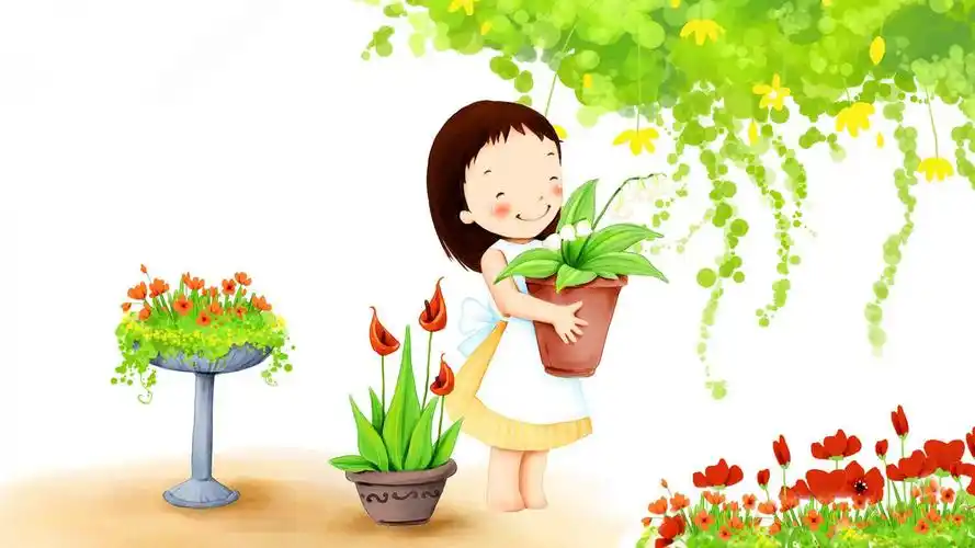 绿色清新可爱小女孩卡通插画电脑桌面壁纸