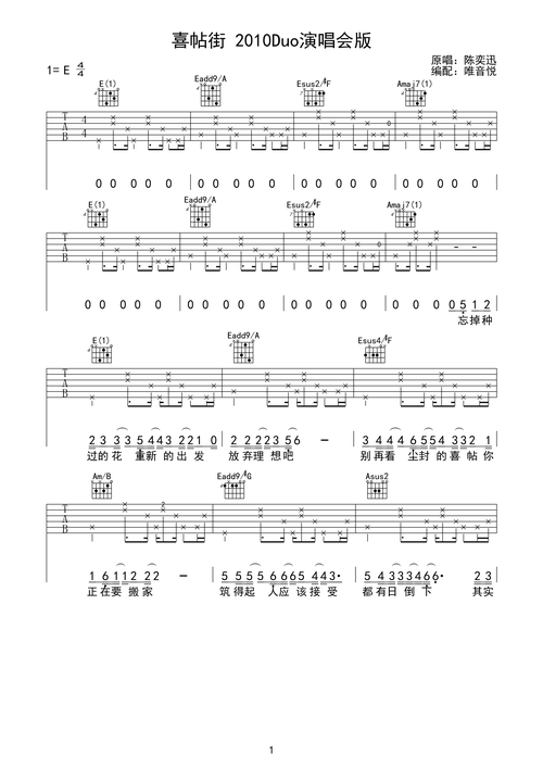 陈奕迅喜帖街e调原版吉他谱唯音悦制谱2010年duo演唱会卢凯彤吉他版本