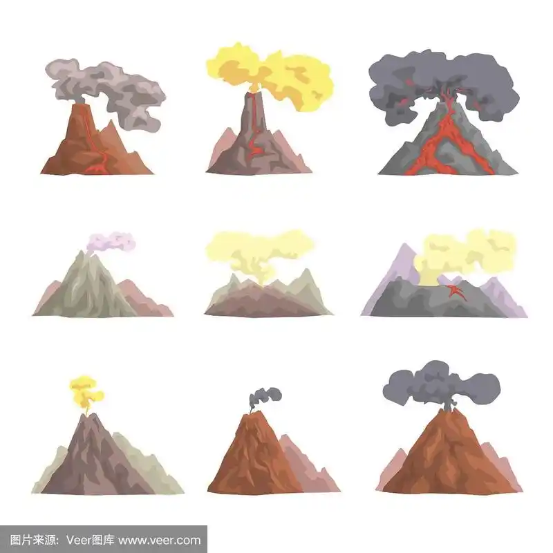 火山喷发集,火山岩浆喷出,熔岩流下来的卡通矢量插图