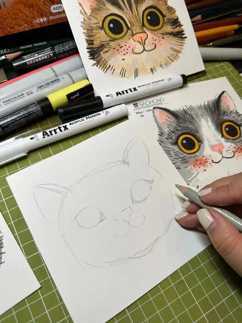马克笔画的猫咪插画,色号都标记 - 抖音