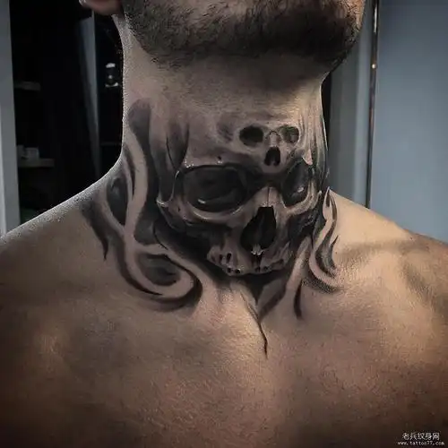 男士欧美颈部骷髅纹身图案